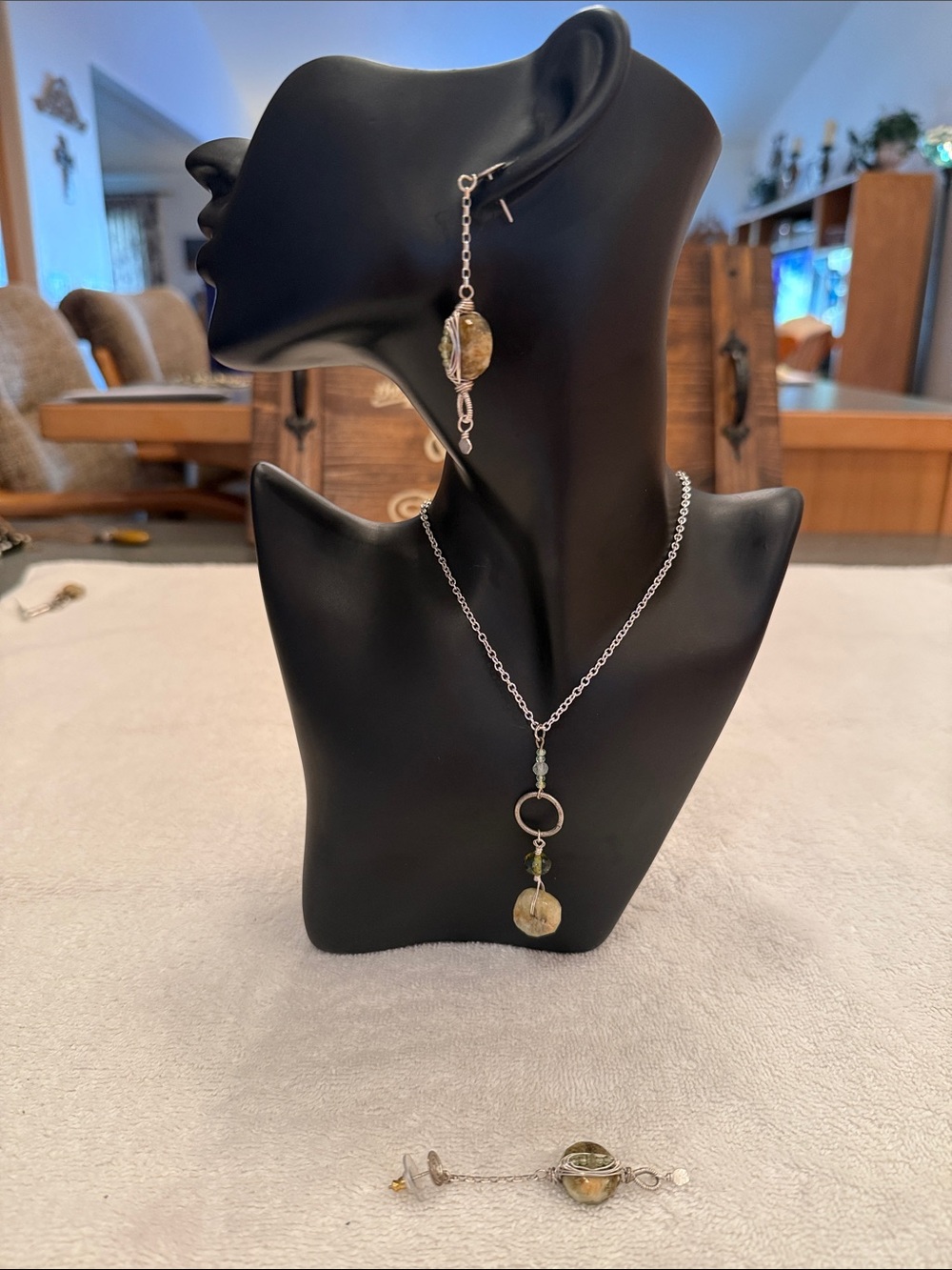 Handcrafted Semi-Precious Green Stone & Silver Drop Necklace and Earrings by